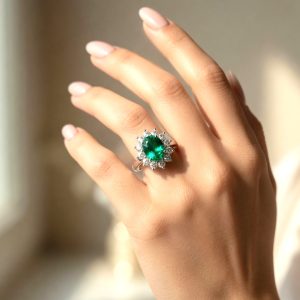 Sortija rosetón de diamantes y Esmeralda en oro 18k - Imagen 1